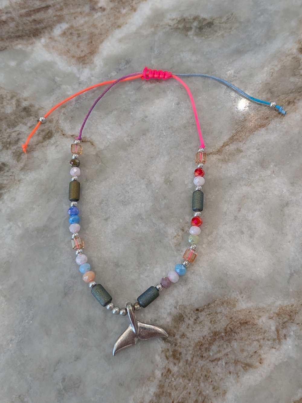 Multicolor Beaded Women's Ankle Bracelet with Silver Whale Tail Pendant